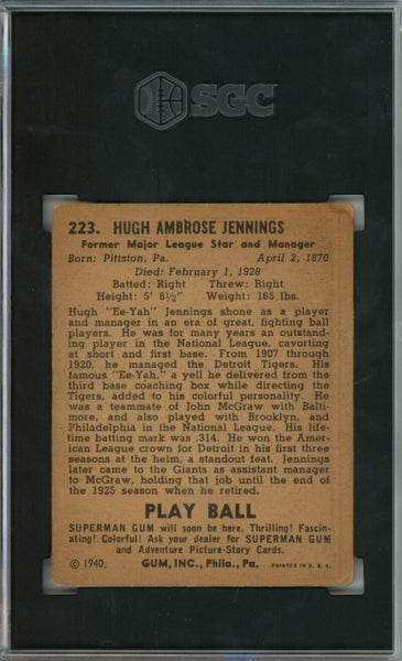1940 Play Ball Hugh Jennings #223 SGC 4 Image 2