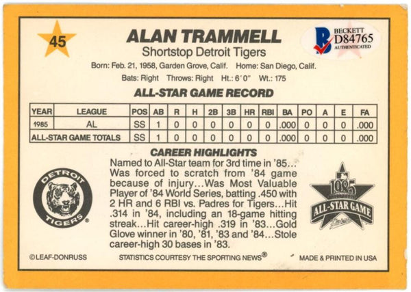 1986 Donruss Alan Trammell Signed 1985 All Star Game Card #45. Auto Beckett Image 2