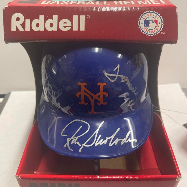 1969 Mets Outfield Signed Mini Helmet. Tommy Agee, Cleon Jones, Ron Swoboda. Auto PSA Image 1