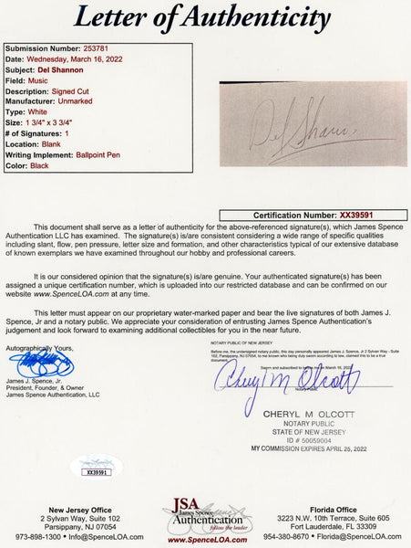 Del Shannon Signed Cut Card. Auto JSA  Image 2
