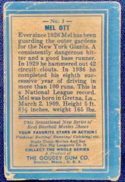 1937 R342 Goudey Mel Ott # No. 3  Thum Movies Flip Book  Image 2