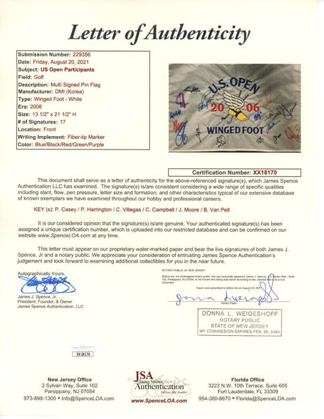 2006 U.S. Open Multi Signed Pin Flag, 17 Signatures. Auto JSA Image 2
