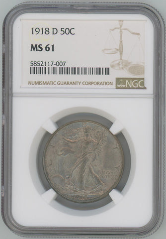 1918 D Walking Liberty Half Dollar, NGC MS61 Image 1