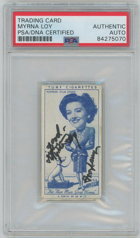 1949 Turf Cigarettes Famous Film Stars Autograph Card. Myrna Loy #13. PSA Image 1