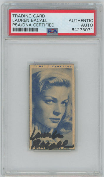 1949 Turf Cigarettes Famous Film Stars Autograph Card. Lauren Bacall #23. PSA Image 1