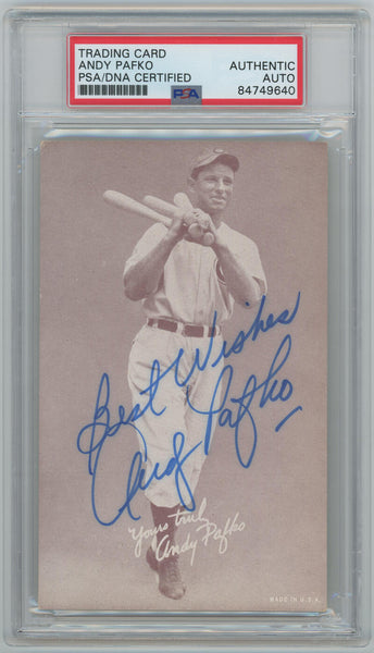 1939-46 Andy Pafko Signed Salutation Exhibit Trading Card "Best Wishes". Auto PSA Image 1