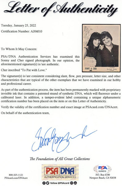 Sonny & Cher Signed + Inscribed 8x10 Photograph. Auto JSA  Image 2