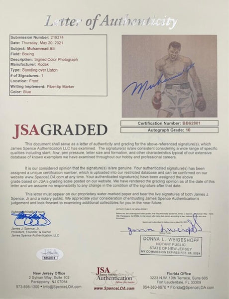Muhammad Ali Signed 8x10 Photo Over Liston. Auto JSA 10 Image 2