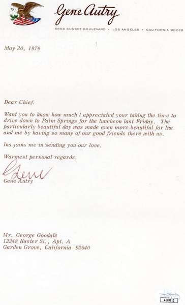 1979 California Angels Gene Autry Signed Letter w/ Envelope. Auto JSA Image 1