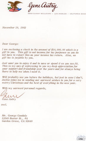 1982 California Angels Gene Autry Signed Letter w/ Envelope. Auto JSA Image 1