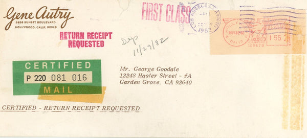 1982 California Angels Gene Autry Signed Letter w/ Envelope. Auto JSA Image 2