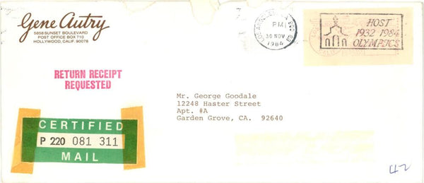 1984 California Angels Gene Autry Signed Letter w/ Envelope. Auto JSA Image 2