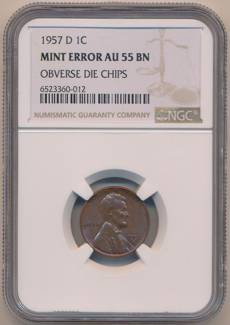 1957 D Lincoln Wheat Cent. NGC Mint Error AU55 BN. Obverse Die Chips Image 1