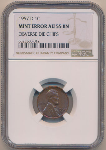 1957 D Lincoln Wheat Cent. NGC Mint Error AU55 BN. Obverse Die Chips Image 1