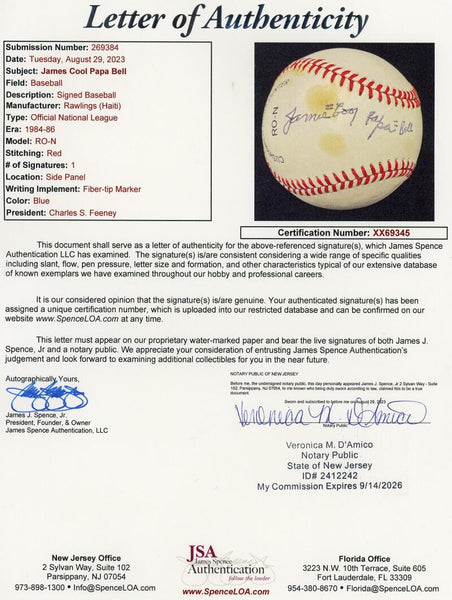 James "Cool Papa" Bell Single Signed Baseball. Auto JSA  Image 4