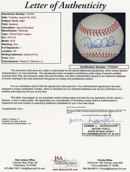Derek Jeter Single Signed Official MLB Baseball. Auto JSA YY40344 Image 4