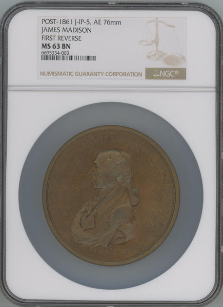 1809 Post-1861 J-IP-5, AE 76mm. James Madison. First Reverse. NGC MS63 BN Image 1