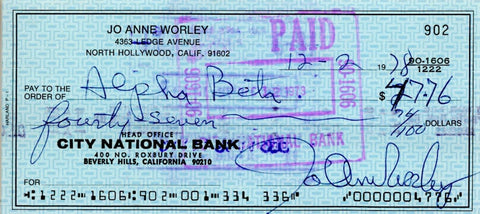 Jo Anne Worley Signed Check. Auto JSA Image 1