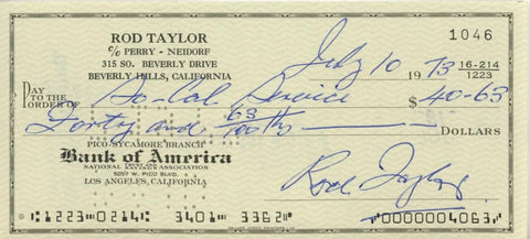 Rod Taylor Signed Check. Auto JSA Image 1