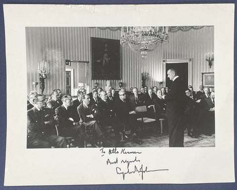 Lyndon B. Johnson Signed Photo Speaking to his Cabinet with VP Hubert Humphrey. PSA Image 1