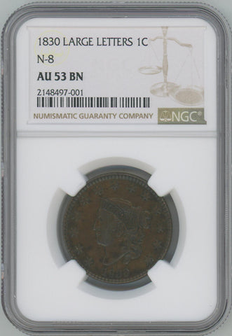 1830 Large Letters Large Cent, N-8. Rarity 4. NGC AU53 BN Image 1