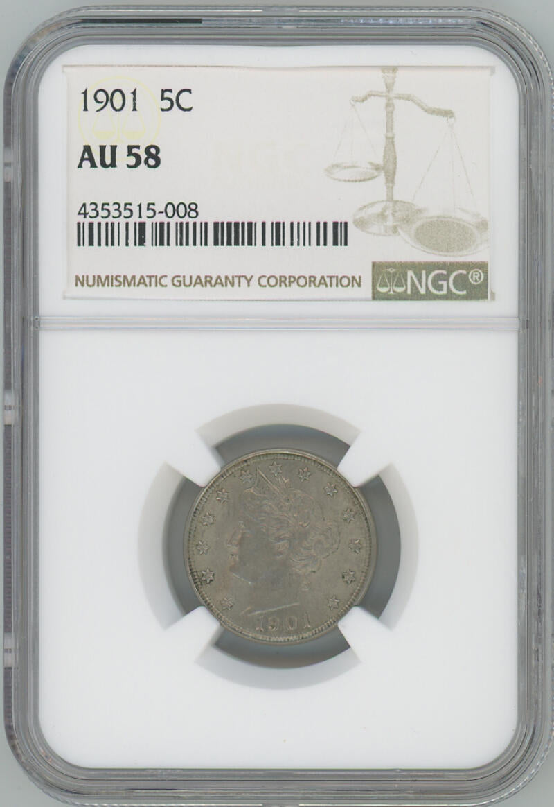 1901 Liberty Nickel 5C, NGC AU58 Image 1
