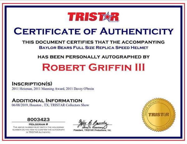 Robert Griffin III Signed Full-Size Baylor Helmet, 7 Inscribed Statistics. Auto RG3 TRISTAR Image 4