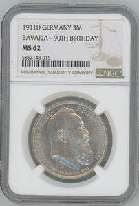 1911 D Germany 3 Mark. Bavaria 90th Birthday. NGC MS62 Image 1