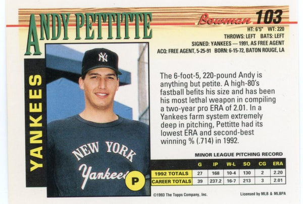1993 Topps Bowman Andy Pettitte Rookie Card. Image 2