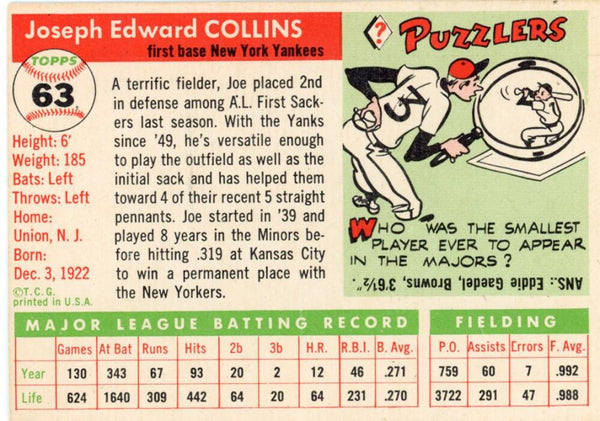 1955 Topps Joe Collins #63. Image 2