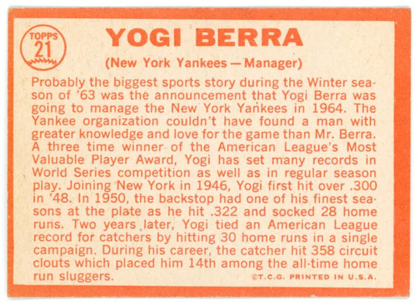 1964 Topps Yogi Berra #21. Image 2