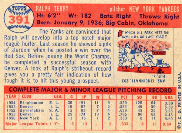 1957 Topps Ralph Terry Rookie #391. Image 2