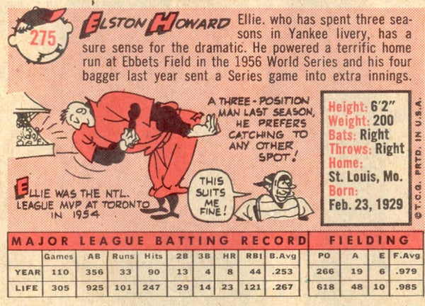 1958 Topps Elston Howard #275. Image 2