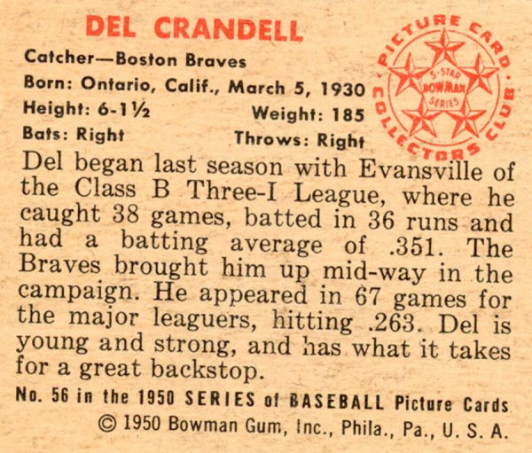 1950 Bowman Del Crandell Rookie Mini Card. Image 2