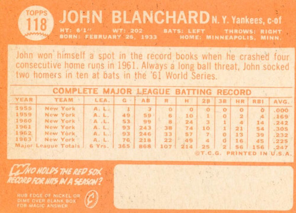 1963 Topps John Blanchard #118. Image 2