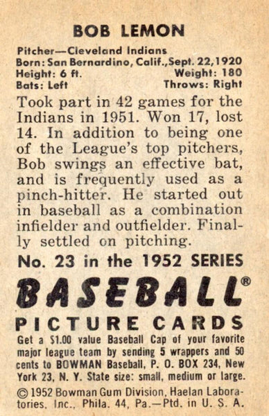 1952 Bowman Bob Lemon No. 23. Image 2
