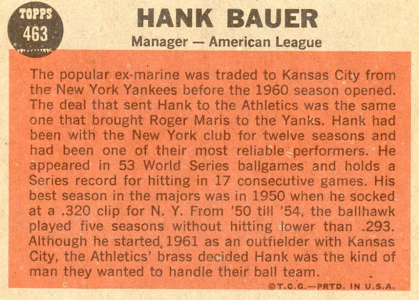 1962 Topps Signed Hank Bauer Auto #463. Image 2
