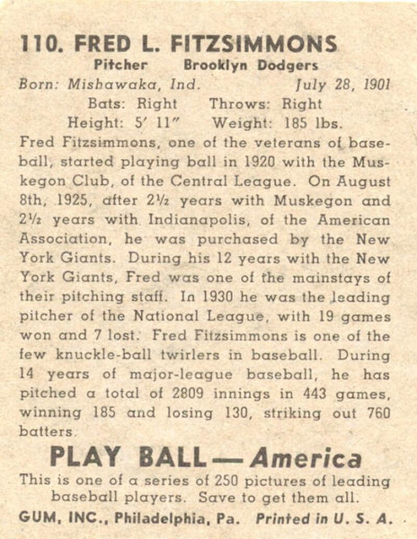 1939 Play Ball Freddie Fitzsimmons Brooklyn Dodgers #110. Image 2