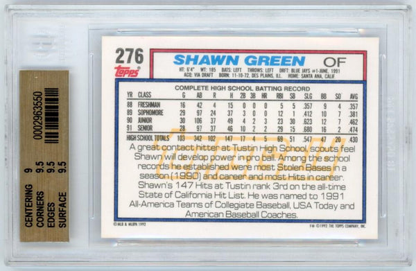 1992 Topps Shawn Green Draft Pick Gold Winners Rookie #276. Gem Mint 9.5 Image 2