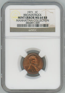 1971 Lincoln Wheat Cent. Broadstruck Error. NGC MS64 RB Mint Error Image 1