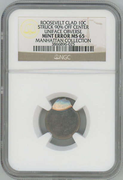 Roosevelt Dime 90% Off Center Error. Uniface Obverse. NGC MS65 Mint Error Image 1