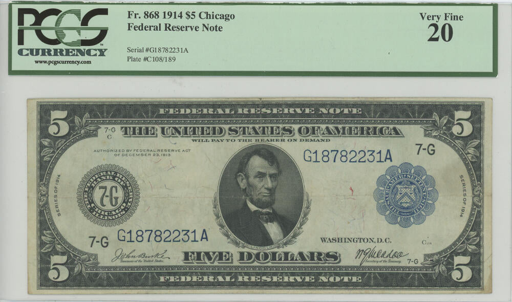 1914 $5 Chicago Federal Reserve Note. PCGS VF20 Image 1
