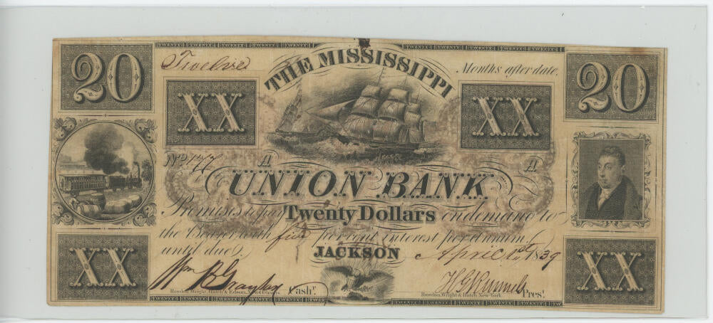 Mississippi Union Bank Jackson $20 Bank Note. RAW Image 1